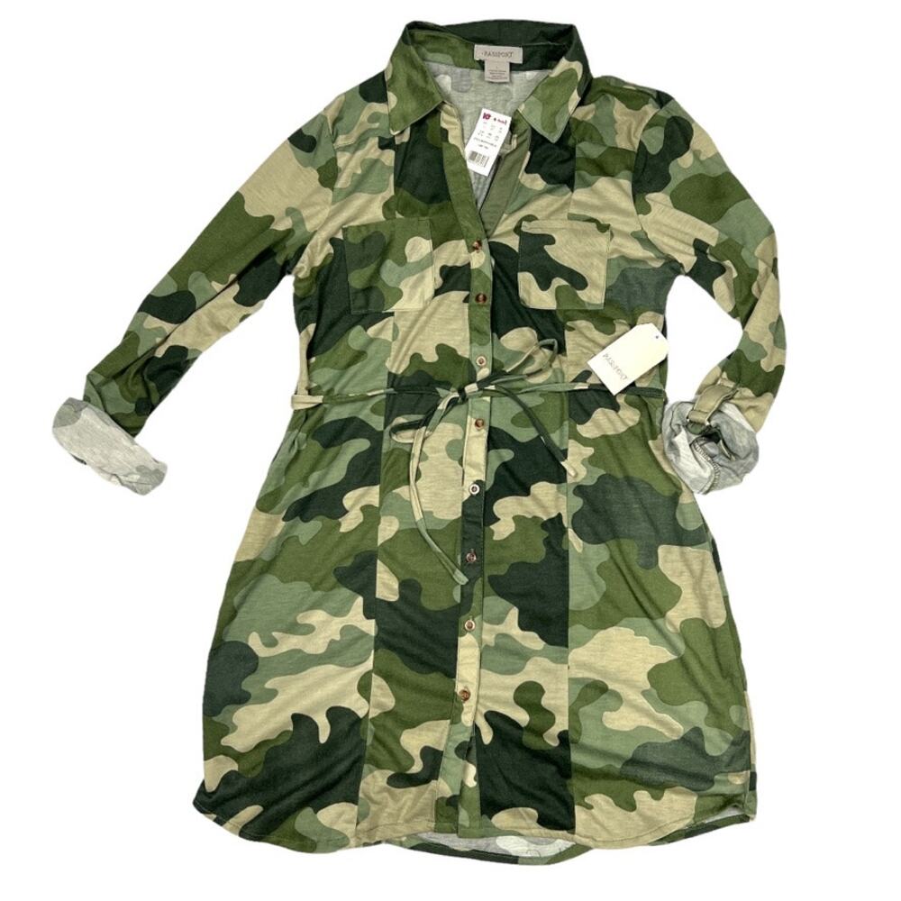 Passport Tunic Shirt Dress Green Camo‎ Print Roll Tab Sleeve NEW Women Juniors L